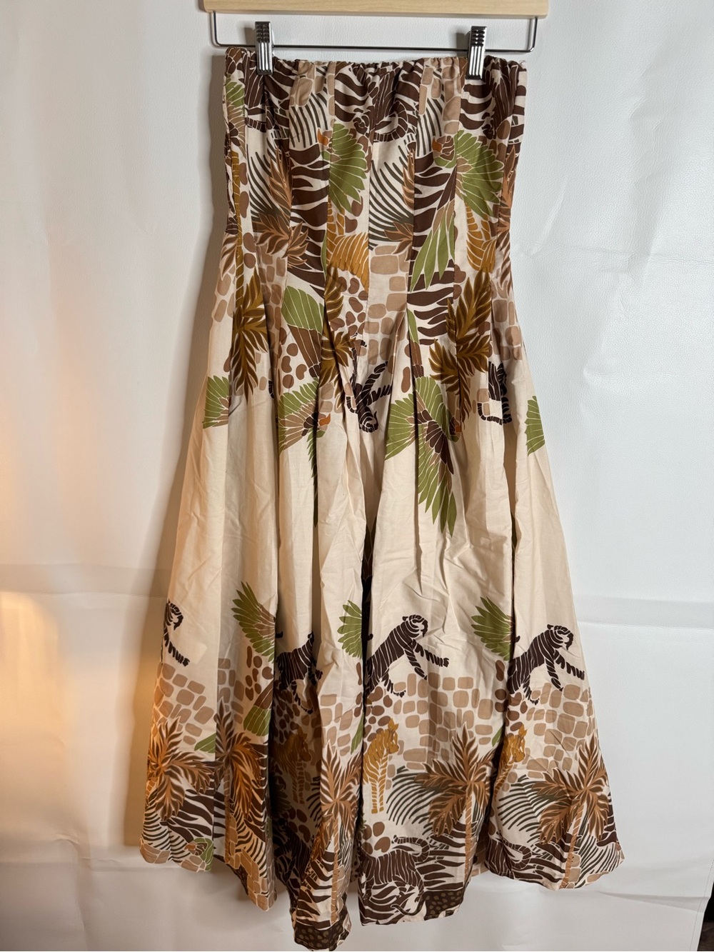 Milio-Milano Tropical Print Strapless Maxi Skirt in Cream, Brown & Olive